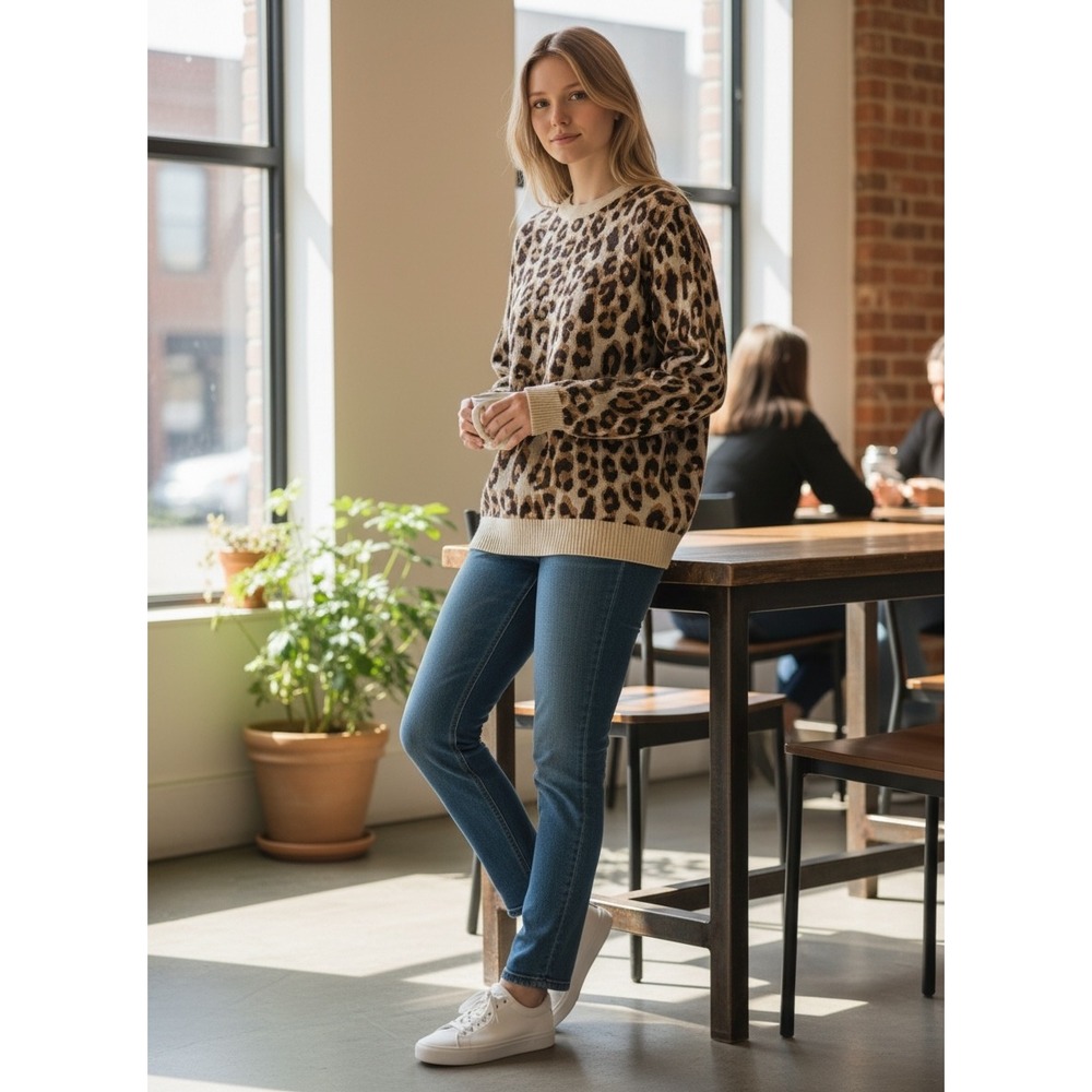 A New Day Womens Leopard Print Crewneck Sweater Cotton Blend Small Casual Boho